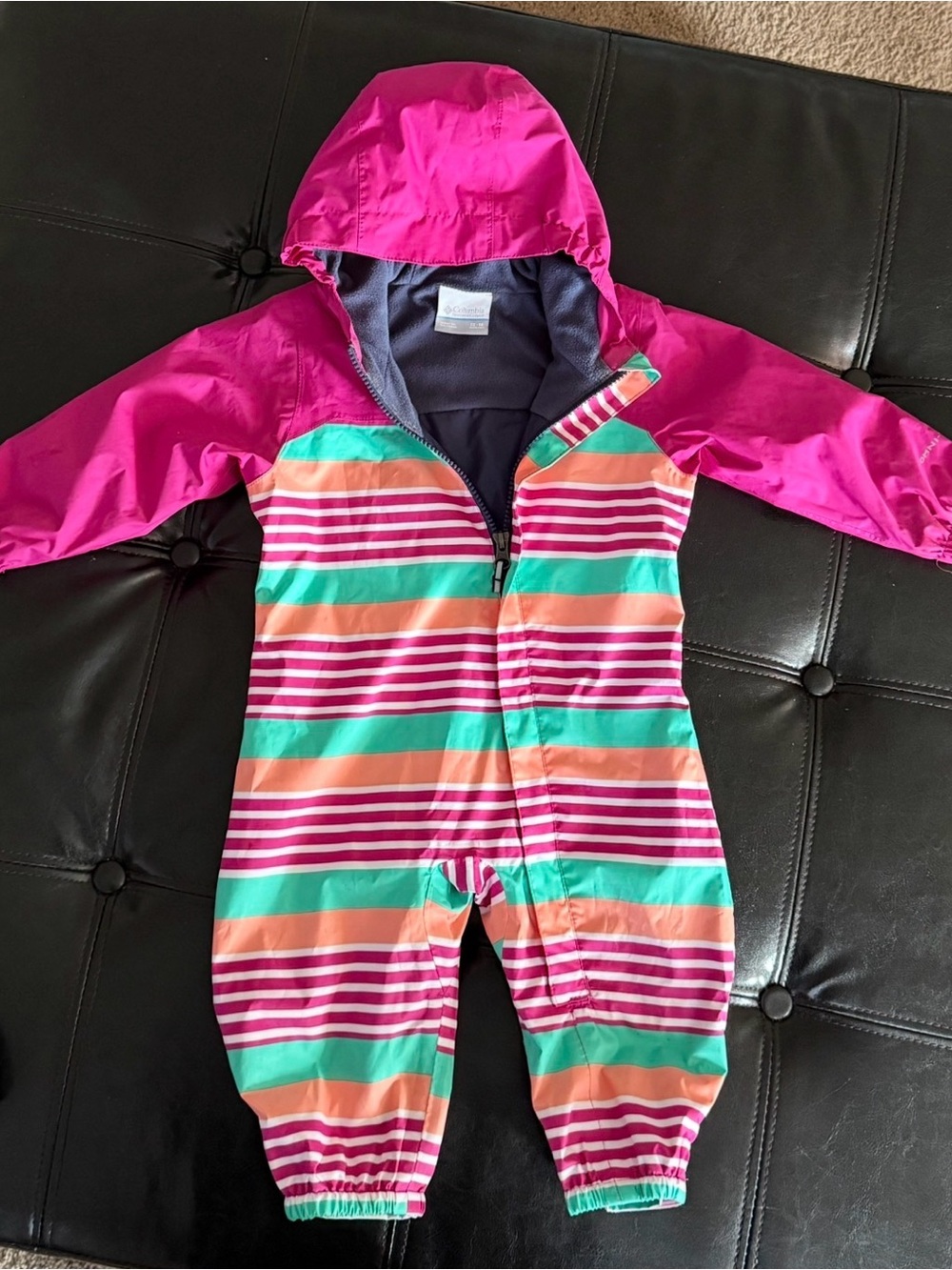 Kids Striped Hooded Rain One-Piece - Pink & Multicolor